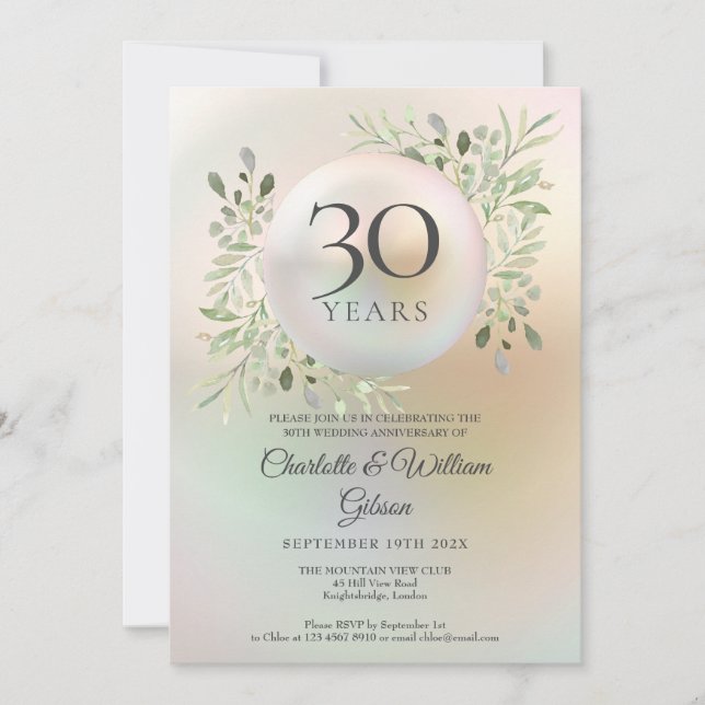 Invitación 30.º Aniversario Boda Green Flenery Floral Pearl (Anverso)