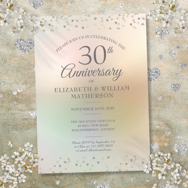Invitación 30.º Aniversario de la Perla Boda Corazones Confet (30th Pearl Wedding Anniversary Hearts Confetti Invitation
)