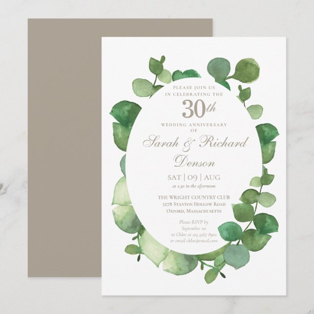 Invitación 30.º Aniversario de la Perla Eucalyptus Boho Green (Anverso / Reverso)