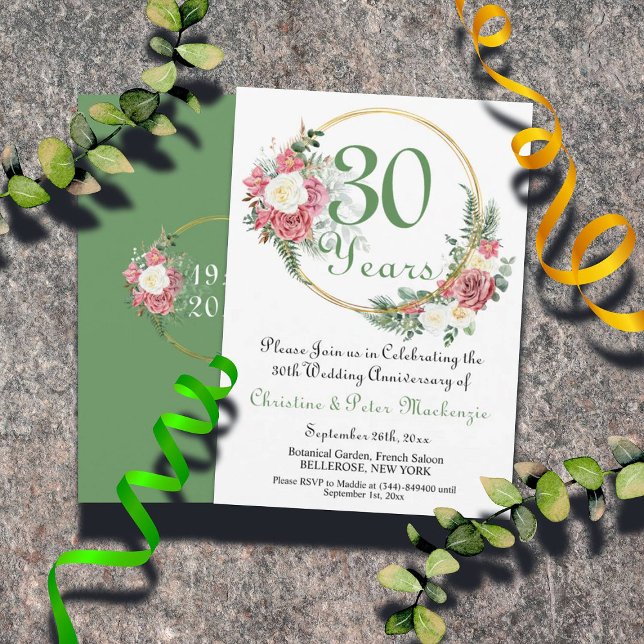 Invitación 30.º aniversario de Pearl Boda Rosas marco de oro (Subido por el creador)