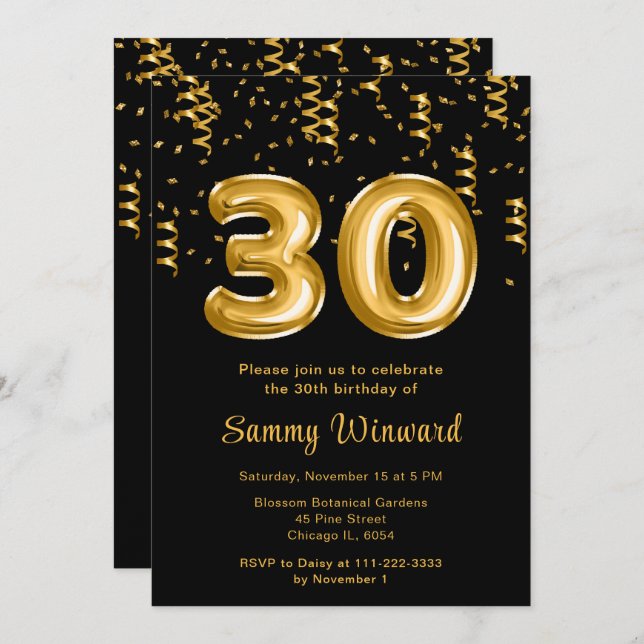 Invitación 30.º Balón de Oro de Cumpleaños con Confetti (Anverso / Reverso)