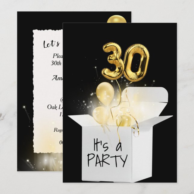Invitación 30.º Balón De Oro De Cumpleaños En Caja Blanca (Anverso / Reverso)