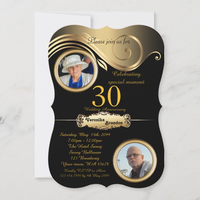 Invitación 30.º Boda de aniversario, deco de arte, oro negro (Anverso)