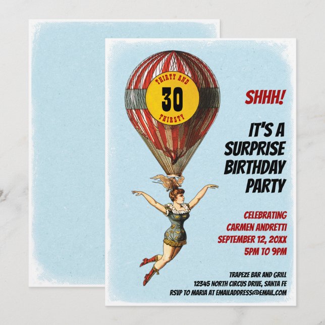 Invitación 30.º Chica de Circus Balloon (Anverso / Reverso)