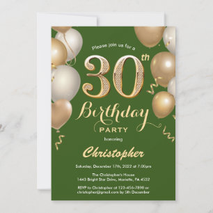 Invitación 30.º Confetti de Globos de Oro y Verde de Cumpleañ