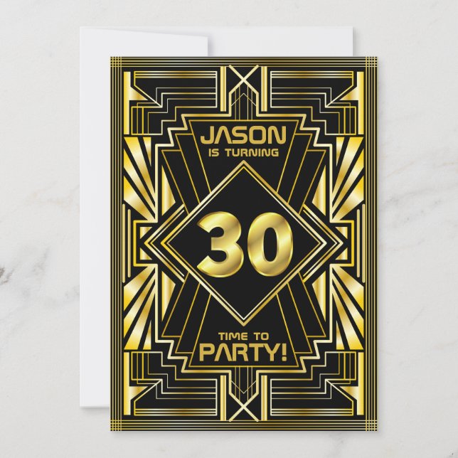 Invitación 30.º cumpleaños Art Deco Oro Gran Gatsby Negro (Anverso)