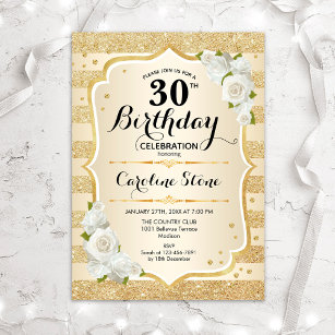 Invitación 30.º cumpleaños - Bandas de oro Rosas blancas