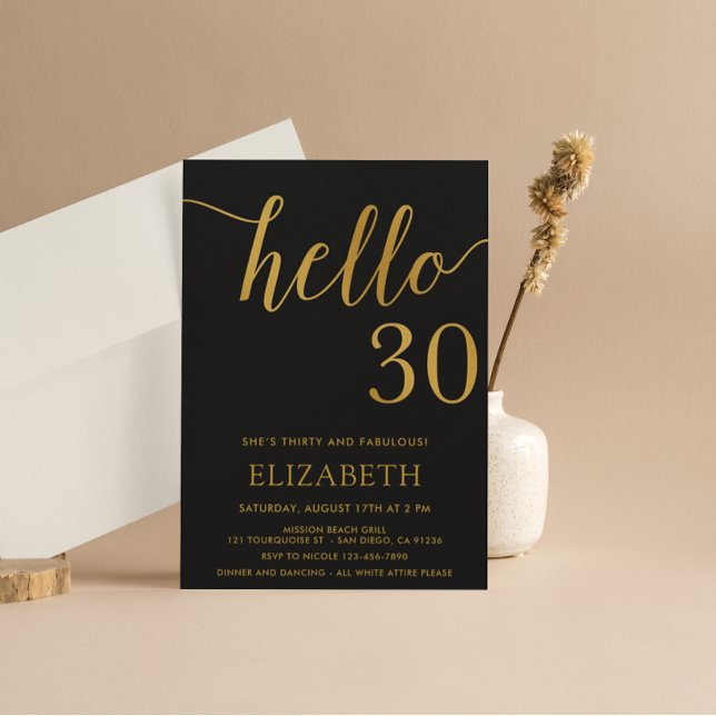 Invitación 30.º cumpleaños Black and Gold Hello 30 (Subido por el creador)