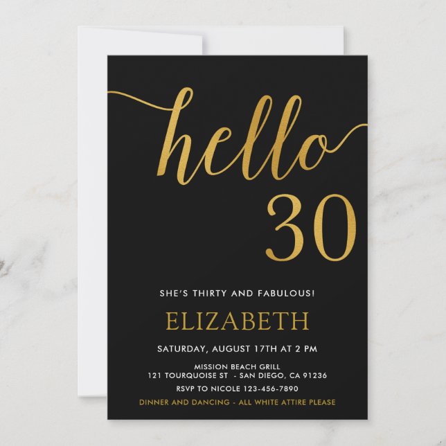 Invitación 30.º cumpleaños Black and Gold Hello 30 (Anverso)