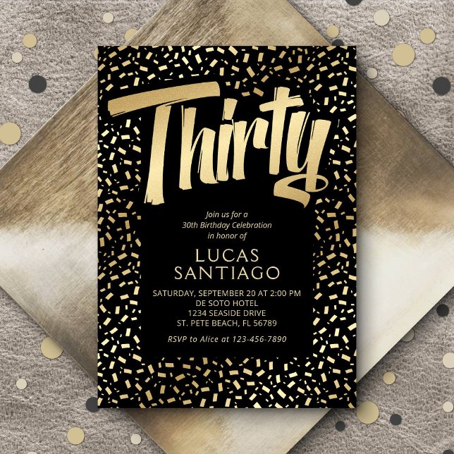 Invitación 30.º cumpleaños Black Gold Confetti (Subido por el creador)