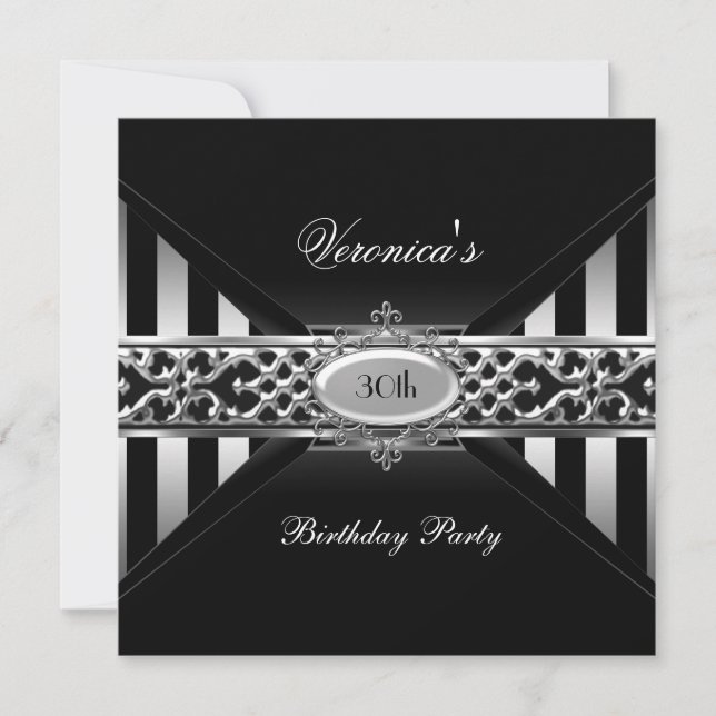 Invitación 30.º cumpleaños Black White Stripe Silver (Anverso)