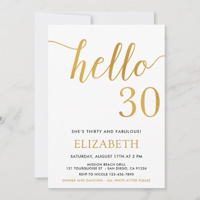 Invitación 30.º cumpleaños blanco y oro Hola 30 (Anverso)