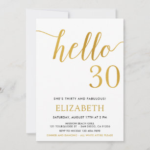 Invitación 30.º cumpleaños blanco y oro Hola 30