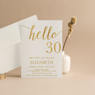 Invitación 30.º cumpleaños blanco y oro Hola 30