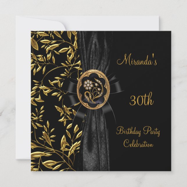 Invitación 30.º cumpleaños Bote de oro Floral Black Bow (Anverso)