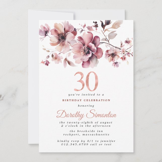 Invitación 30.º cumpleaños Burgundy Rubor Pink Floral (Anverso)