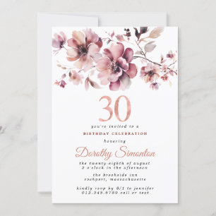 Invitación 30.º cumpleaños Burgundy Rubor Pink Floral