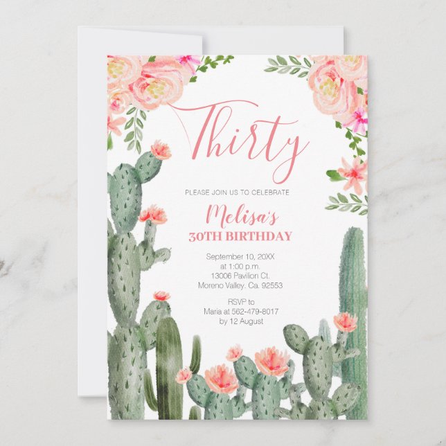 Invitación 30.º Cumpleaños Cactus Floral Suculento Treinta (Anverso)