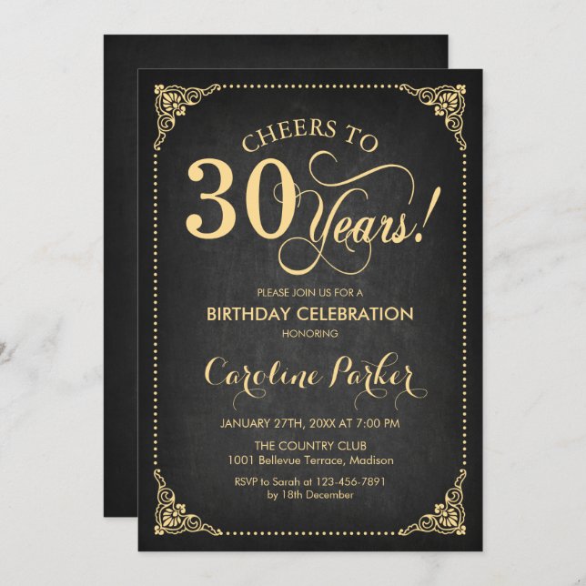 Invitación 30.º cumpleaños - Chalkboard Gold (Anverso / Reverso)
