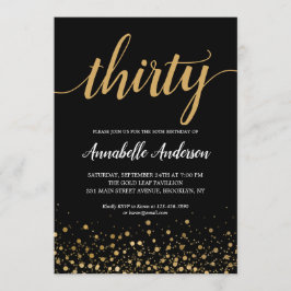 Invitación 30.º cumpleaños Confetti dorado moderno guión negr