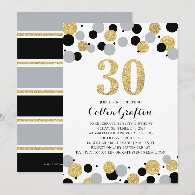 Invitación 30.º cumpleaños Confetti Purpurina Gris de Oro Neg (Anverso / Reverso)