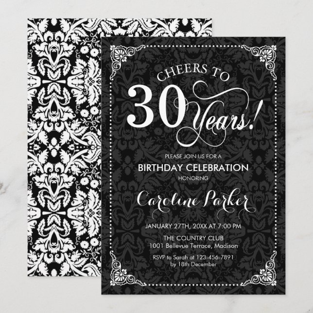 Invitación 30.º cumpleaños - Damasco blanco y negro (Anverso / Reverso)
