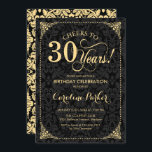 Invitación 30.º cumpleaños - Damasco negro de oro<br><div class="desc">30.ª Invitación de cumpleaños Elegante diseño de color negro vintage y oro falso con patrón damasco. Caracteriza el tipo de letra del guión. ¡Salud a 30 años! ¡Se puede personalizar en cualquier edad! Mándame un mensaje si necesitas más personalización.</div>