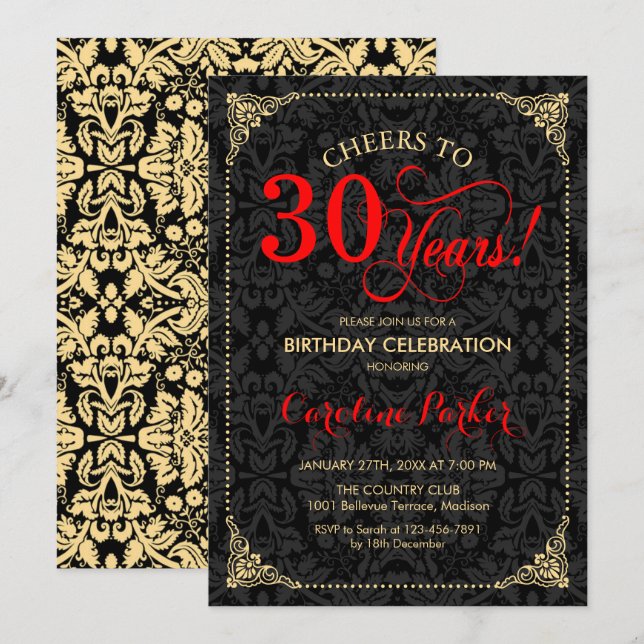 Invitación 30.º cumpleaños - Damasco negro de oro rojo (Anverso / Reverso)
