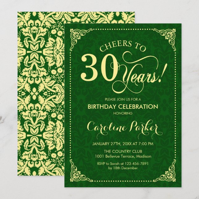 Invitación 30.º cumpleaños - Damasco verde de oro (Anverso / Reverso)