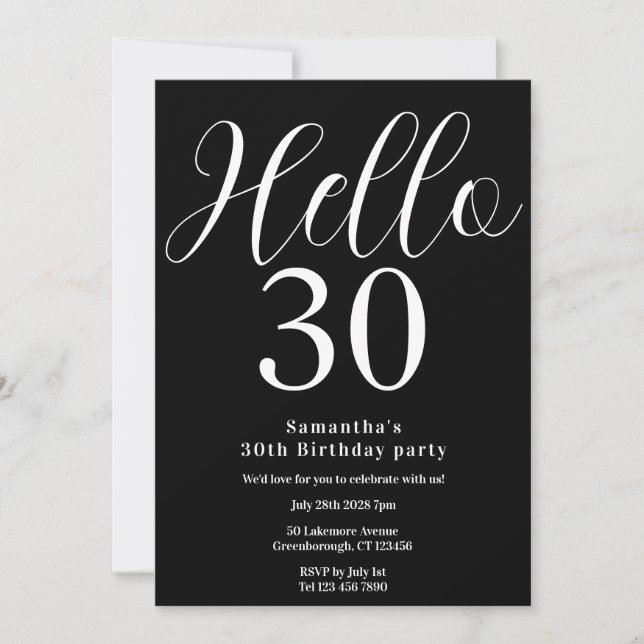 Invitación 30.º cumpleaños de Moda blanca negra (Anverso)