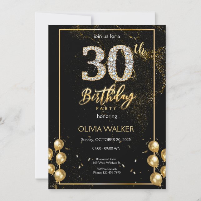 Invitación 30.º cumpleaños de oro y negro de diamantes (Anverso)