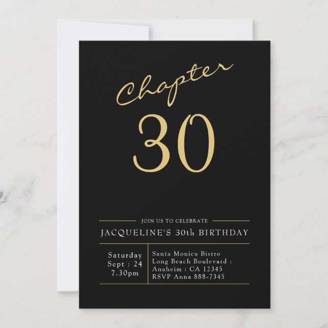 Invitación 30.º cumpleaños Dorado Moderno Script Negro (Anverso)
