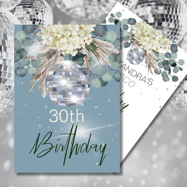 Invitación 30.º cumpleaños Dusty Blue Floral Disco Ball (Subido por el creador)