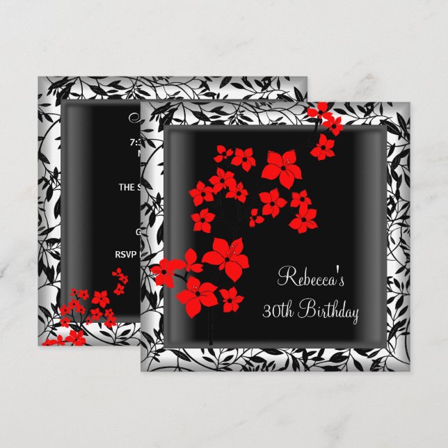 Invitación 30.º cumpleaños Elegante Asia Flores rojas Blanco (Anverso / Reverso)