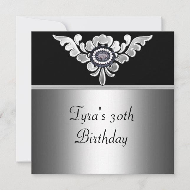 Invitación 30.º cumpleaños Elegante Joya Blanca Plata Negra (Anverso)