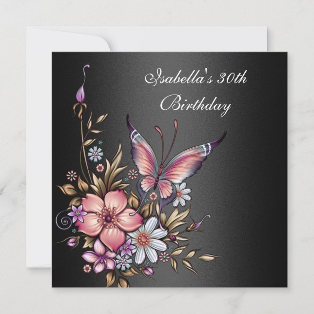 Invitación 30.º cumpleaños elegante mariposa floral negro (Anverso)