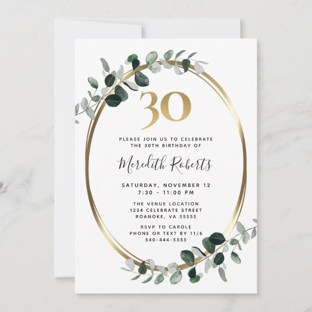Invitación 30.º cumpleaños Eucalyptus Fiesta metálico de oro (Anverso)
