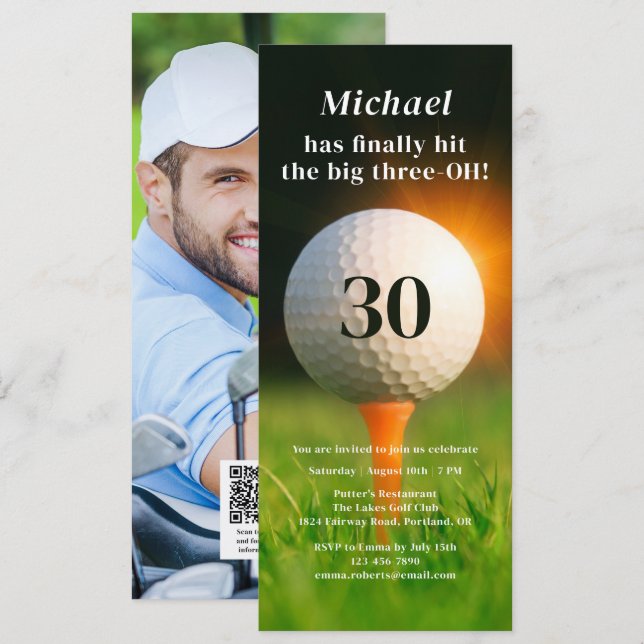 Invitación 30.º cumpleaños Fiesta adulto Golf Foto Código QR (Anverso / Reverso)