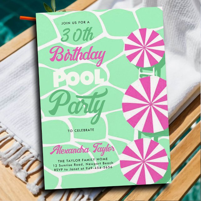 Invitación 30.º cumpleaños Fiesta de piscina de verano Moda d (30th birthday party ideas for women pool umbrellas hot pink aqua personalized invitation summer fun)