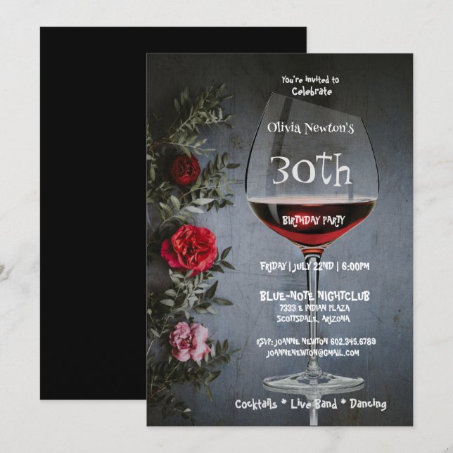 Invitación 30.º cumpleaños Fiesta de vino y rosas rojas Cumpl (Anverso / Reverso)