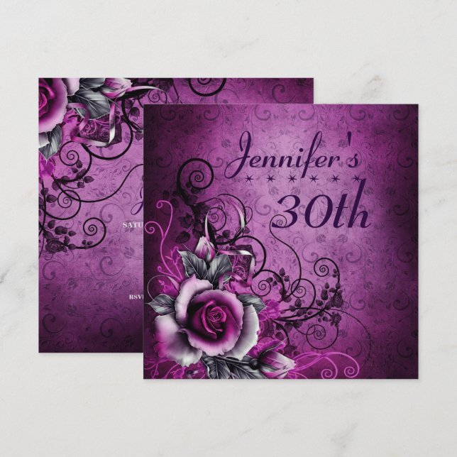 Invitación 30.º cumpleaños Fiesta Flor púrpura Cumpleaños (Anverso / Reverso)