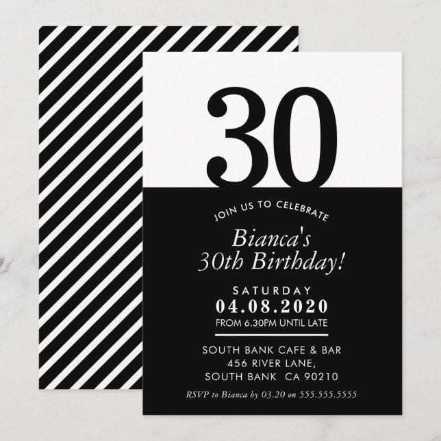 Invitación 30.º CUMPLEAÑOS FIESTA INVITAR negro moderno mínim (Anverso / Reverso)