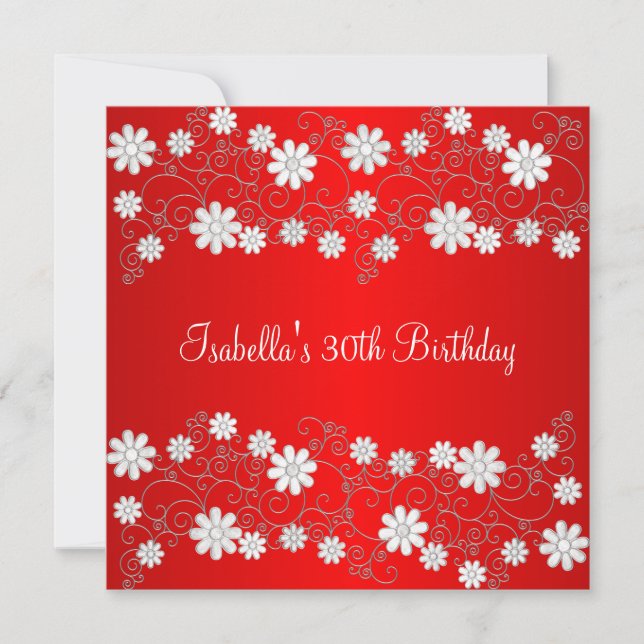 Invitación 30.º cumpleaños Floral blanca y roja (Anverso)