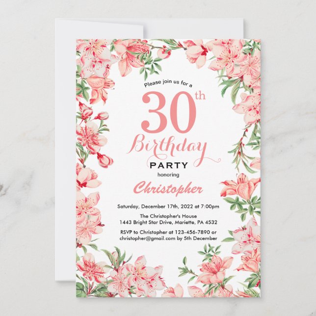 Invitación 30.º Cumpleaños Flores Botánicas de Boho Rosa (Anverso)