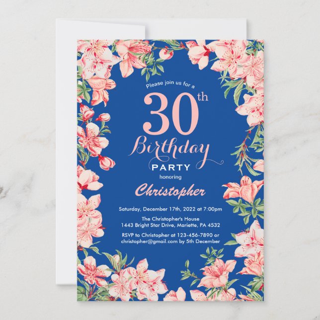 Invitación 30.º cumpleaños Flores Florales Rosa Azul (Anverso)