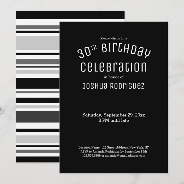 Invitación 30.º cumpleaños franjas modernas de gris blanco ne (Anverso / Reverso)