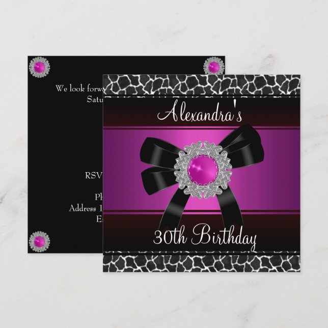 Invitación 30.º cumpleaños Girafa rosa brillante joyas de pla (Anverso / Reverso)