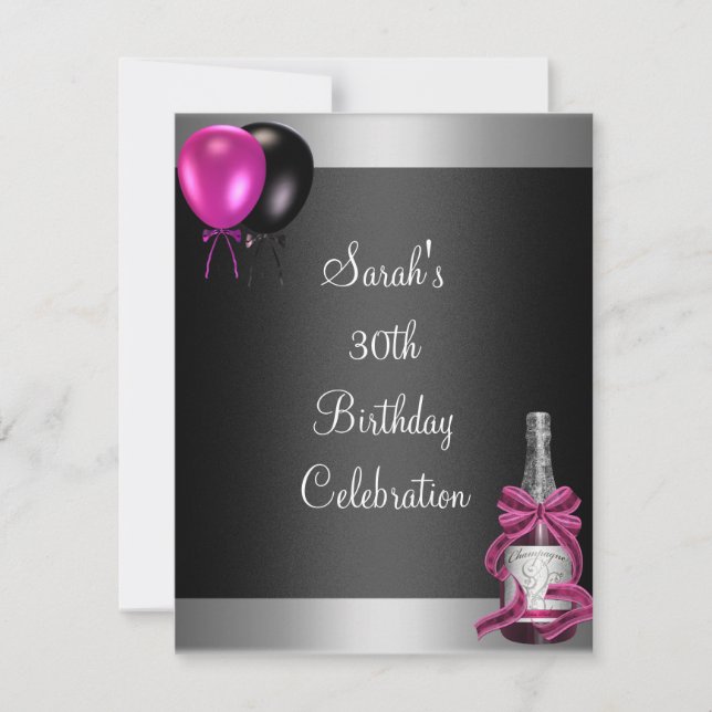 Invitación 30.º cumpleaños Globos Champagne Plata Rosa (Anverso)
