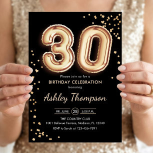 Invitación 30.º cumpleaños - Globos de oro Negro