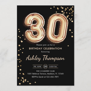 Invitación 30.º cumpleaños - Globos de oro Negro